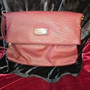 Nine West Burgundy Pebbled Faux Leather Foldover Crossbody Zip Bag